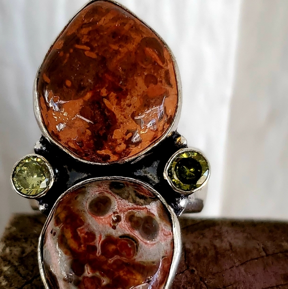 New Leopard Skin Jasper, Fossil Coral, Citrine 925 Silver Statement Ring. - Picture 4 of 8